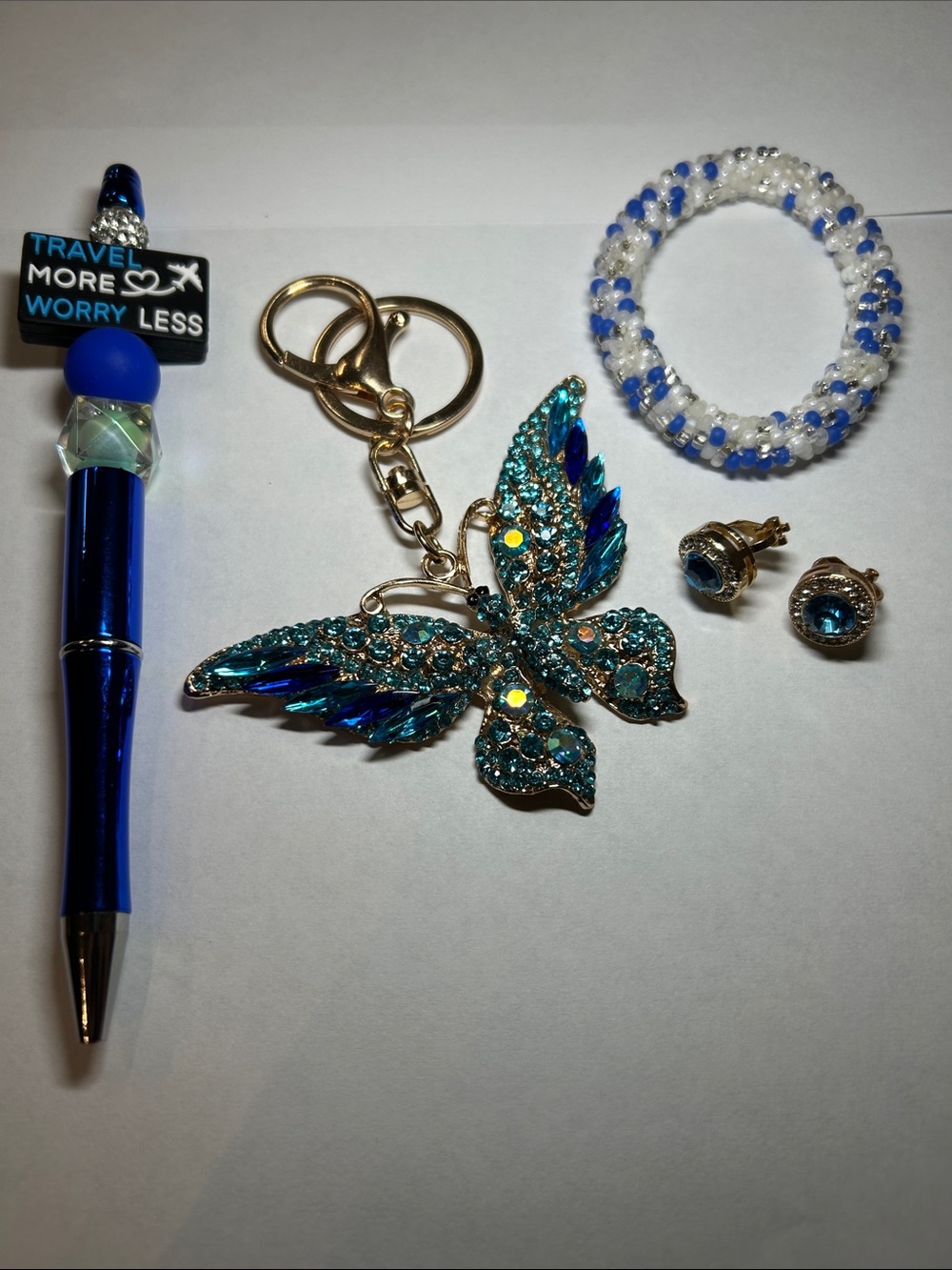 4 Piece Set Blue Crystal Butterfly Keychain with Accessories - Picture 11 of 12